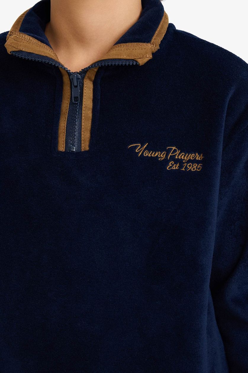 Erkek Çocuk - Genç Erkek Lacivert Yarım Balıkçı Yaka Fermuarlı Nakışlı İçi Yumuşak Tüylü Polar Sweatshirt Erkek Çocuk