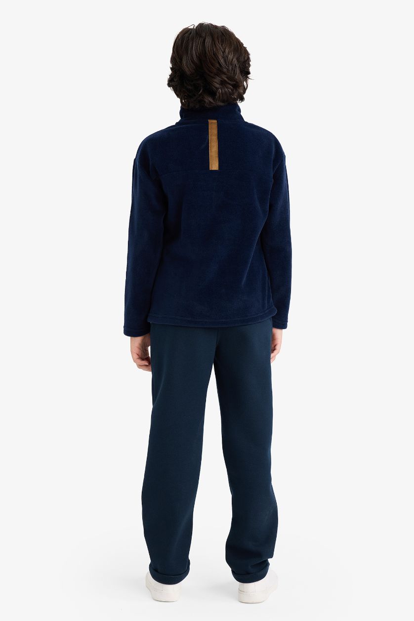 Erkek Çocuk - Genç Erkek Lacivert Yarım Balıkçı Yaka Fermuarlı Nakışlı İçi Yumuşak Tüylü Polar Sweatshirt Erkek Çocuk