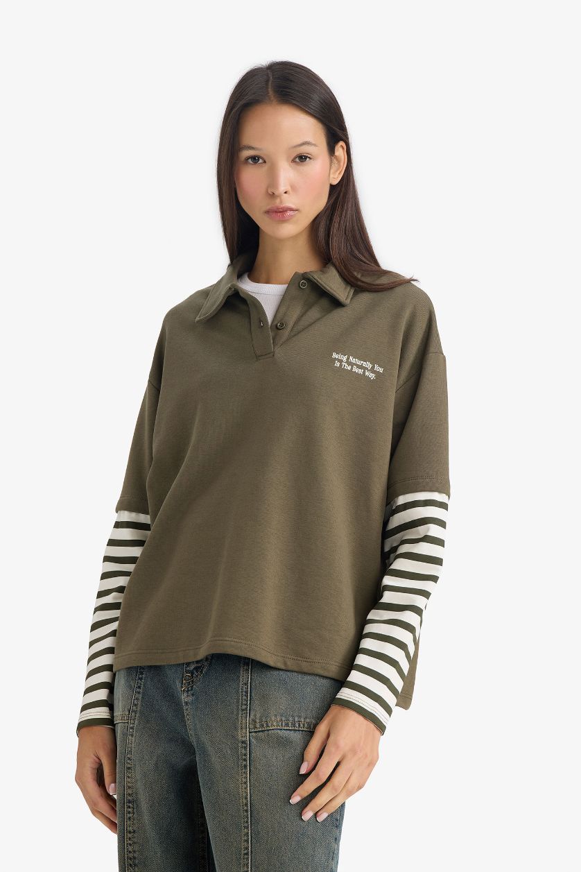 Woman Khaki Printed Long Sleeve Polo Collar T-shirt