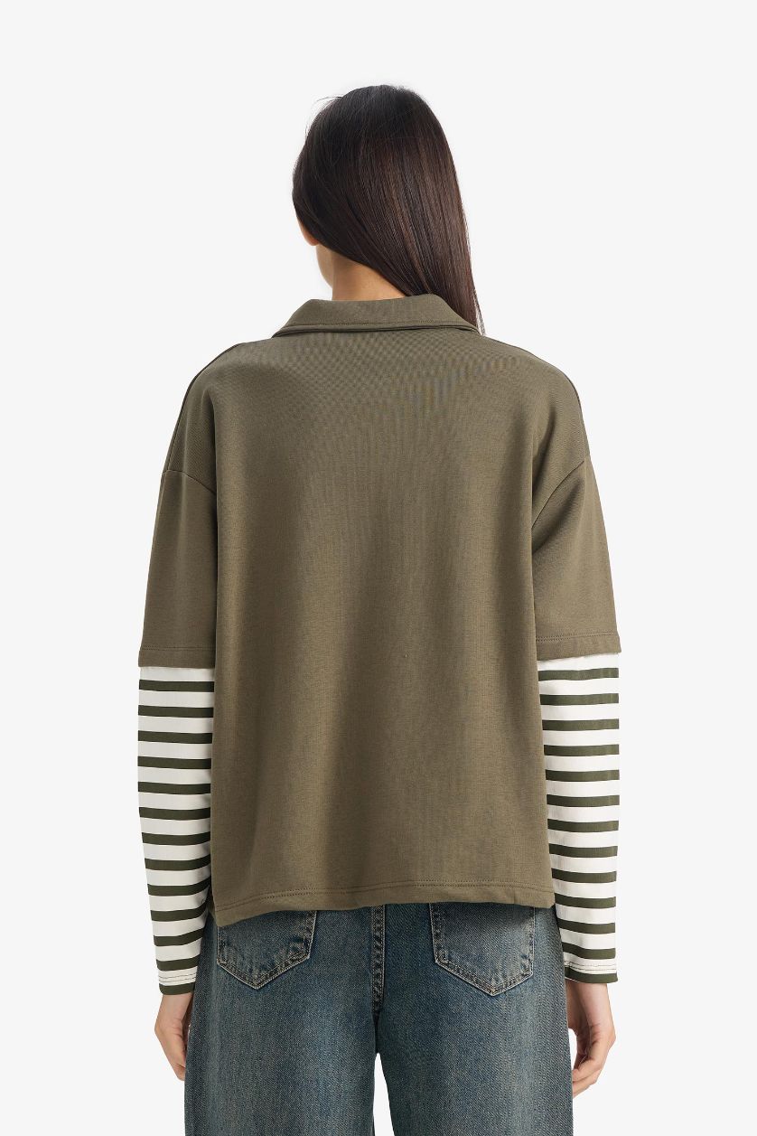 Woman Khaki Printed Long Sleeve Polo Collar T-shirt