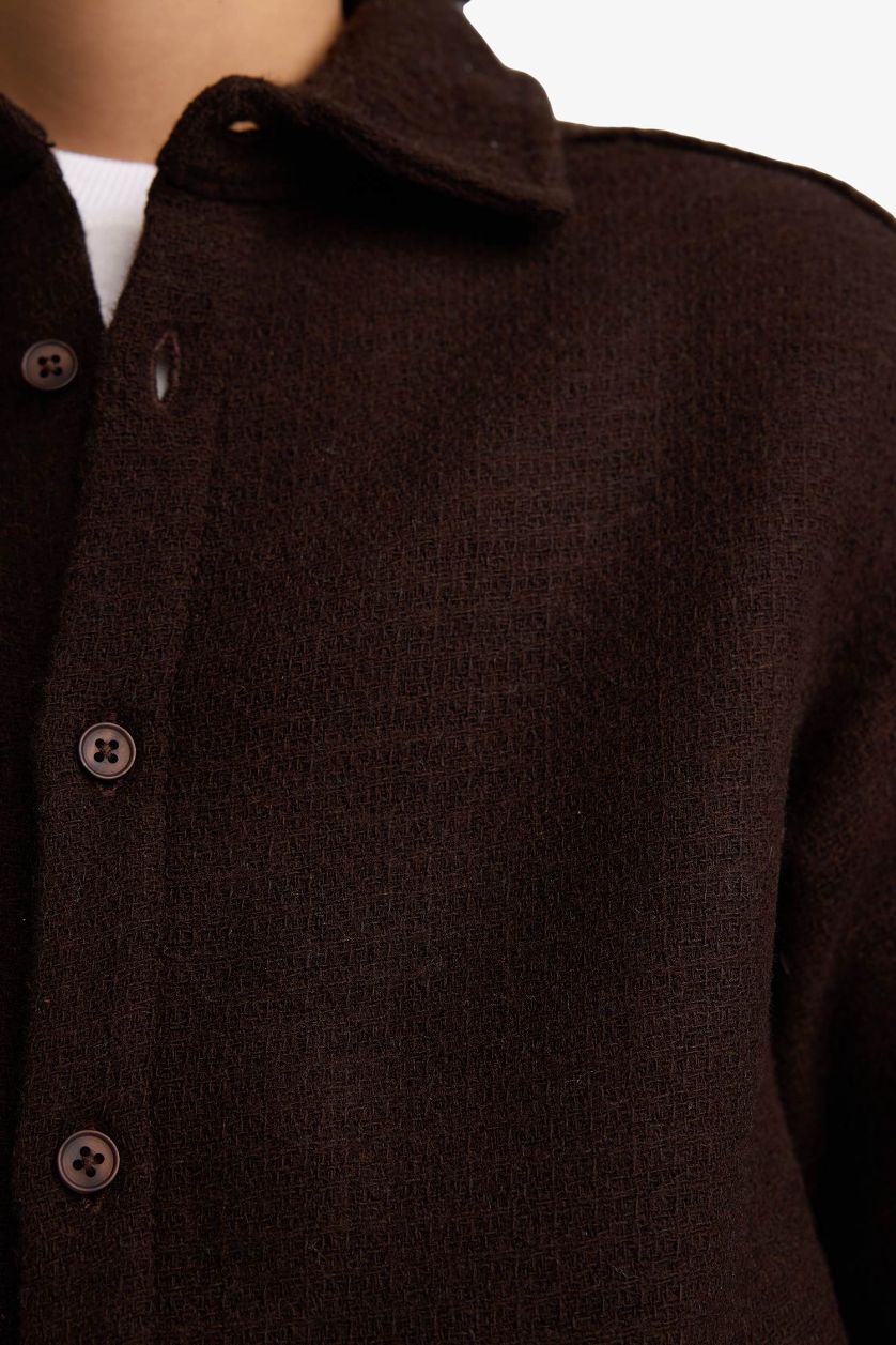 Erkek Çocuk - Genç Erkek Kahve Oversize Geniş Kalıp Polo Yaka Waffle Uzun Kollu Gömlek Erkek Çocuk