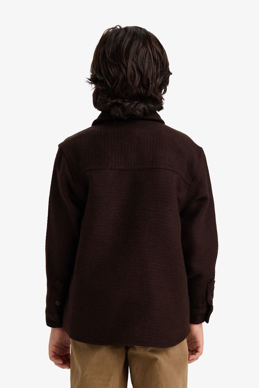 Erkek Çocuk - Genç Erkek Kahve Oversize Geniş Kalıp Polo Yaka Waffle Uzun Kollu Gömlek Erkek Çocuk