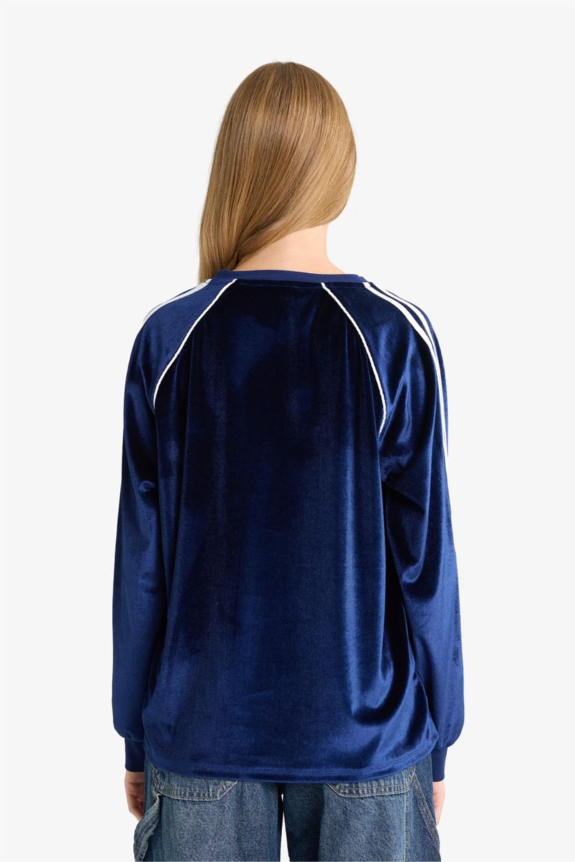 Kadın Lacivert Oversıze V Yaka Baskılı Kadife Sweatshirt