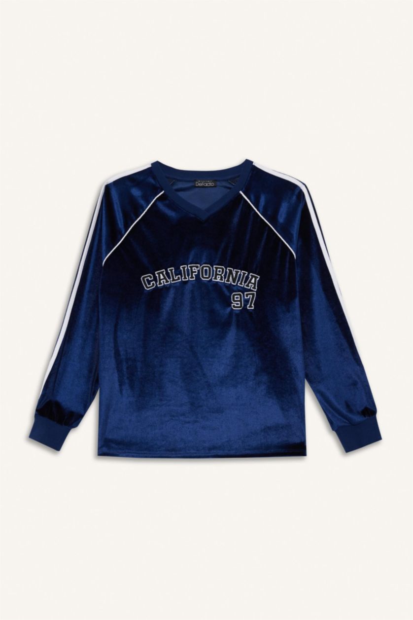 Kadın Lacivert Oversıze V Yaka Baskılı Kadife Sweatshirt