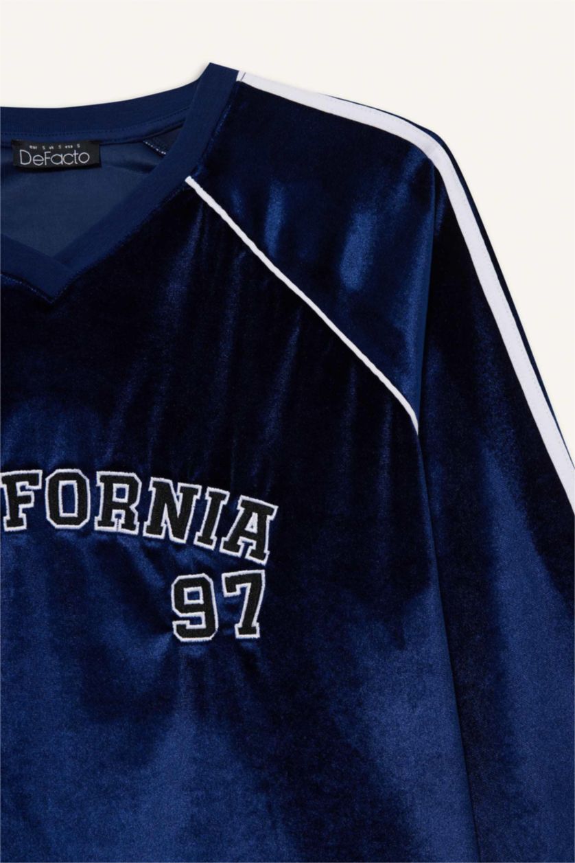 Kadın Lacivert Oversıze V Yaka Baskılı Kadife Sweatshirt