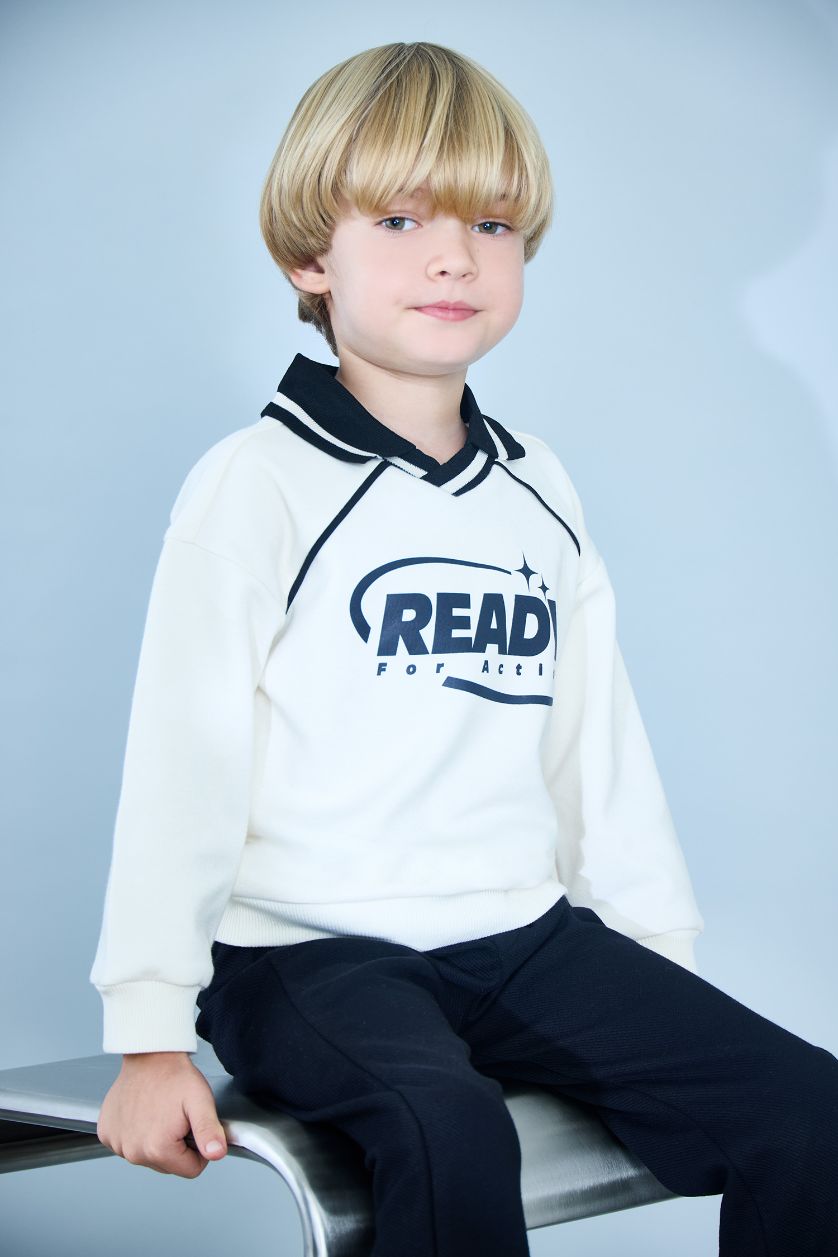 Erkek Bebek Ekru Hakim Yaka Baskılı Sweatshirt Erkek Bebek