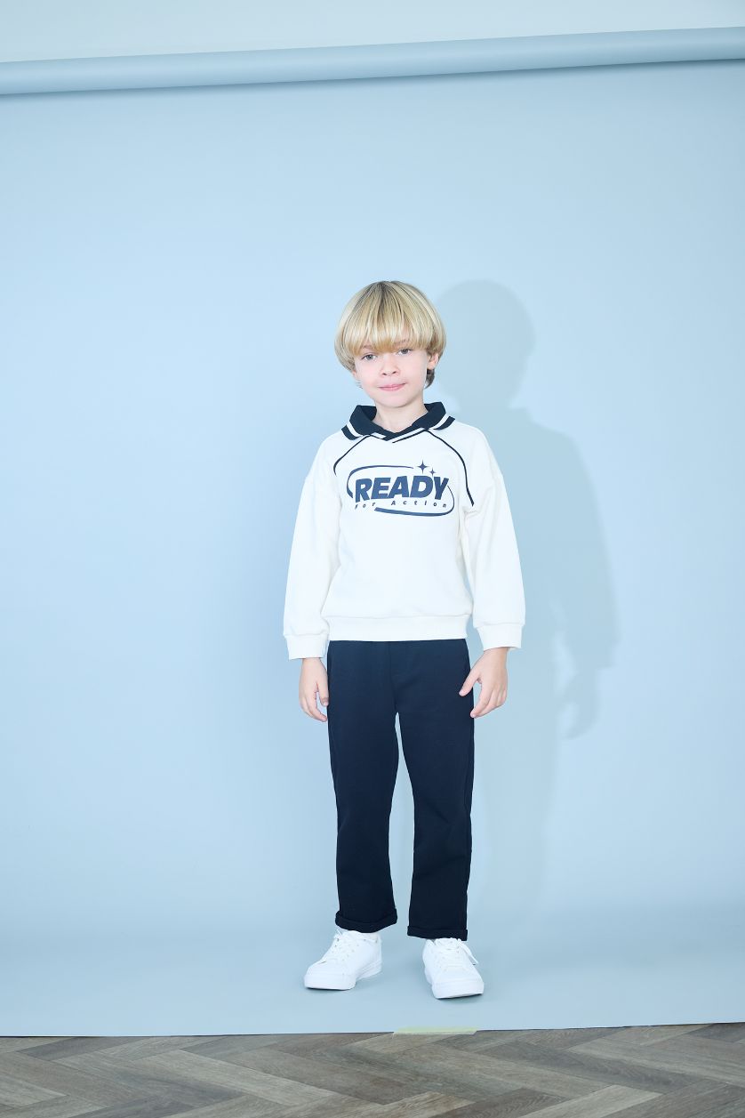 Erkek Bebek Ekru Hakim Yaka Baskılı Sweatshirt Erkek Bebek