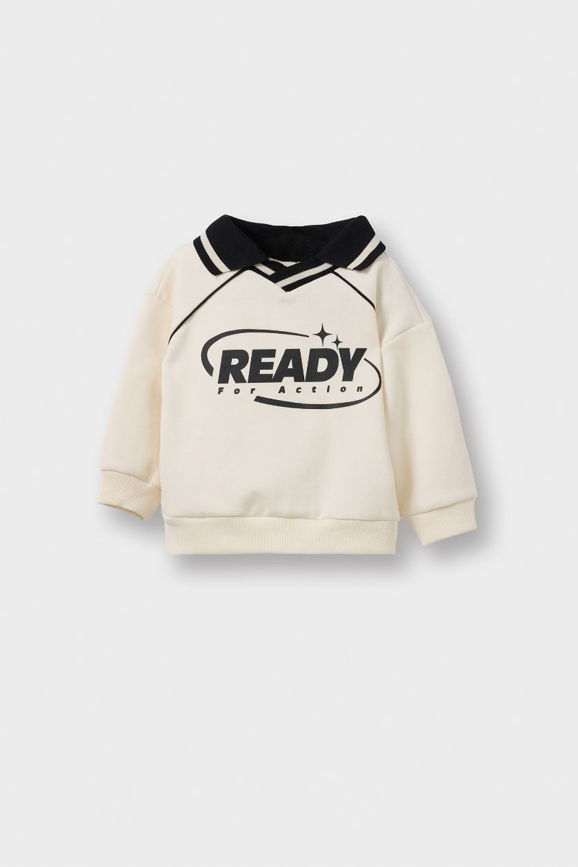 Erkek Bebek Ekru Hakim Yaka Baskılı Sweatshirt Erkek Bebek