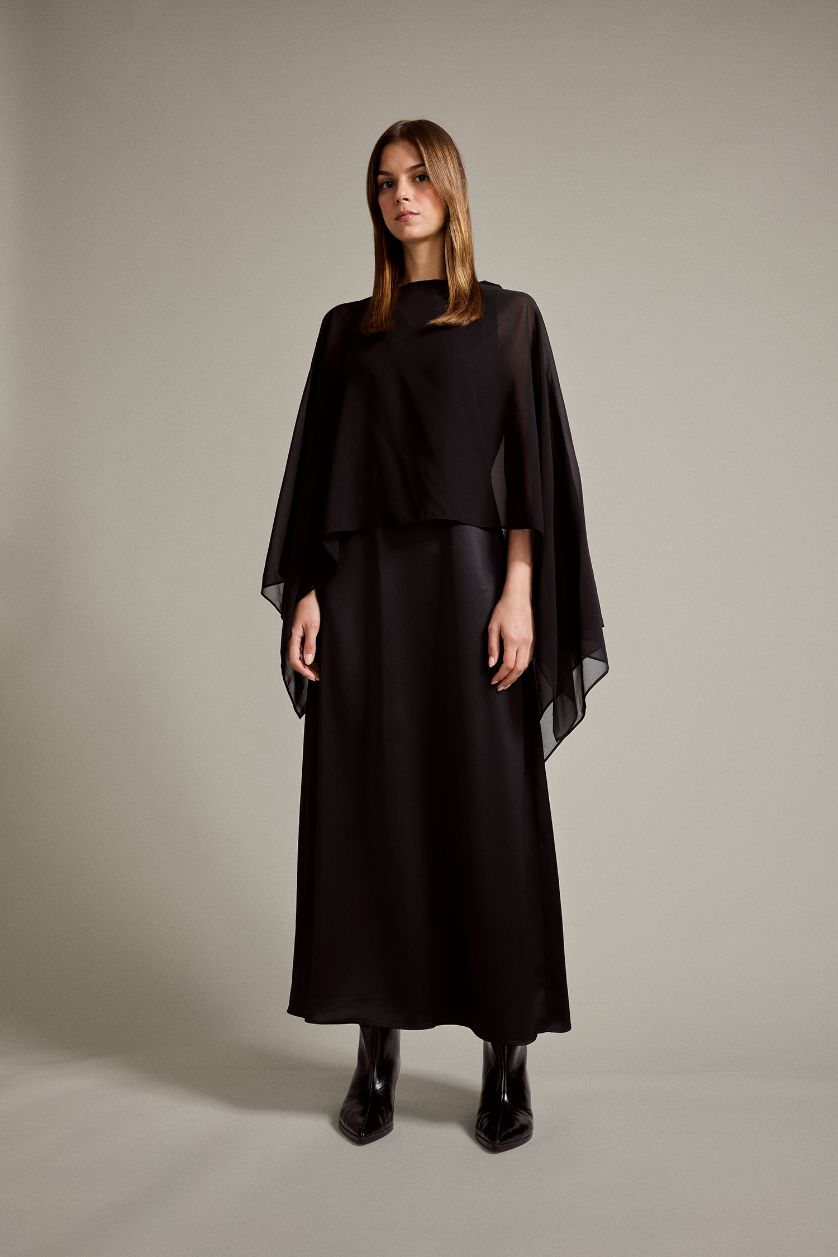 Kadın Siyah Uzun Kollu Tül Saten Maxi Elbise