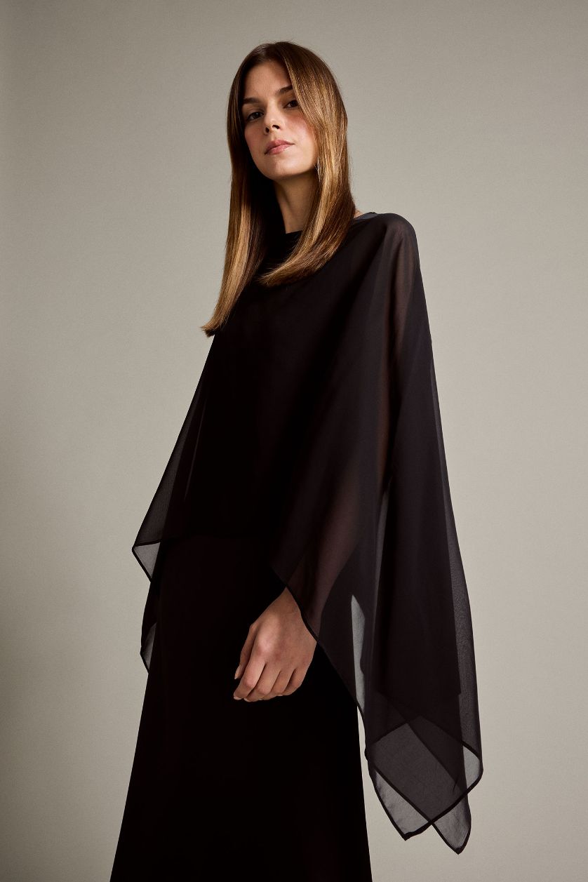 Kadın Siyah Uzun Kollu Tül Saten Maxi Elbise