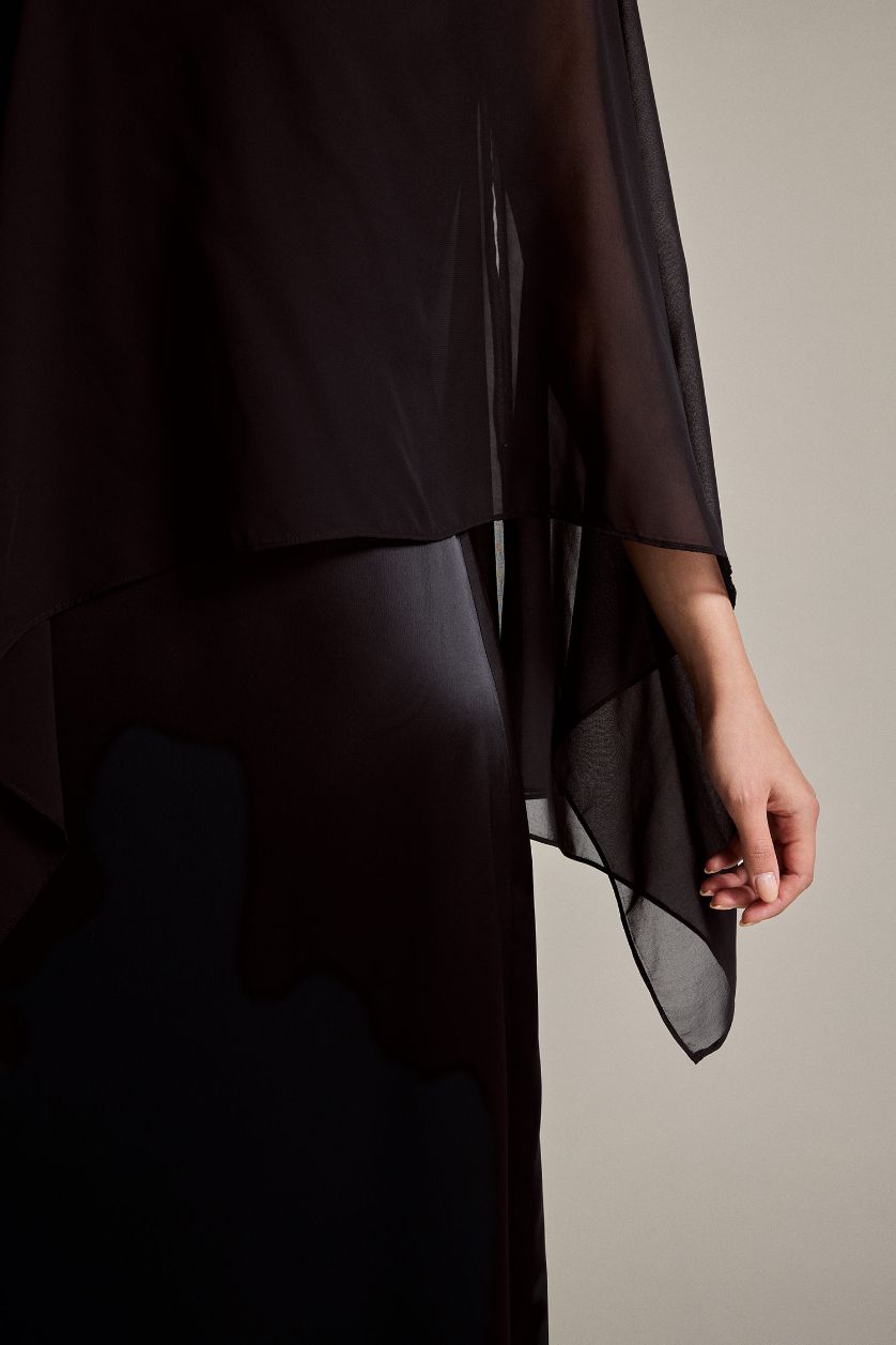 Kadın Siyah Uzun Kollu Tül Saten Maxi Elbise