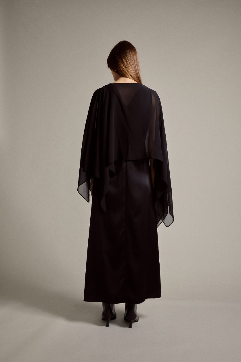 Kadın Siyah Uzun Kollu Tül Saten Maxi Elbise