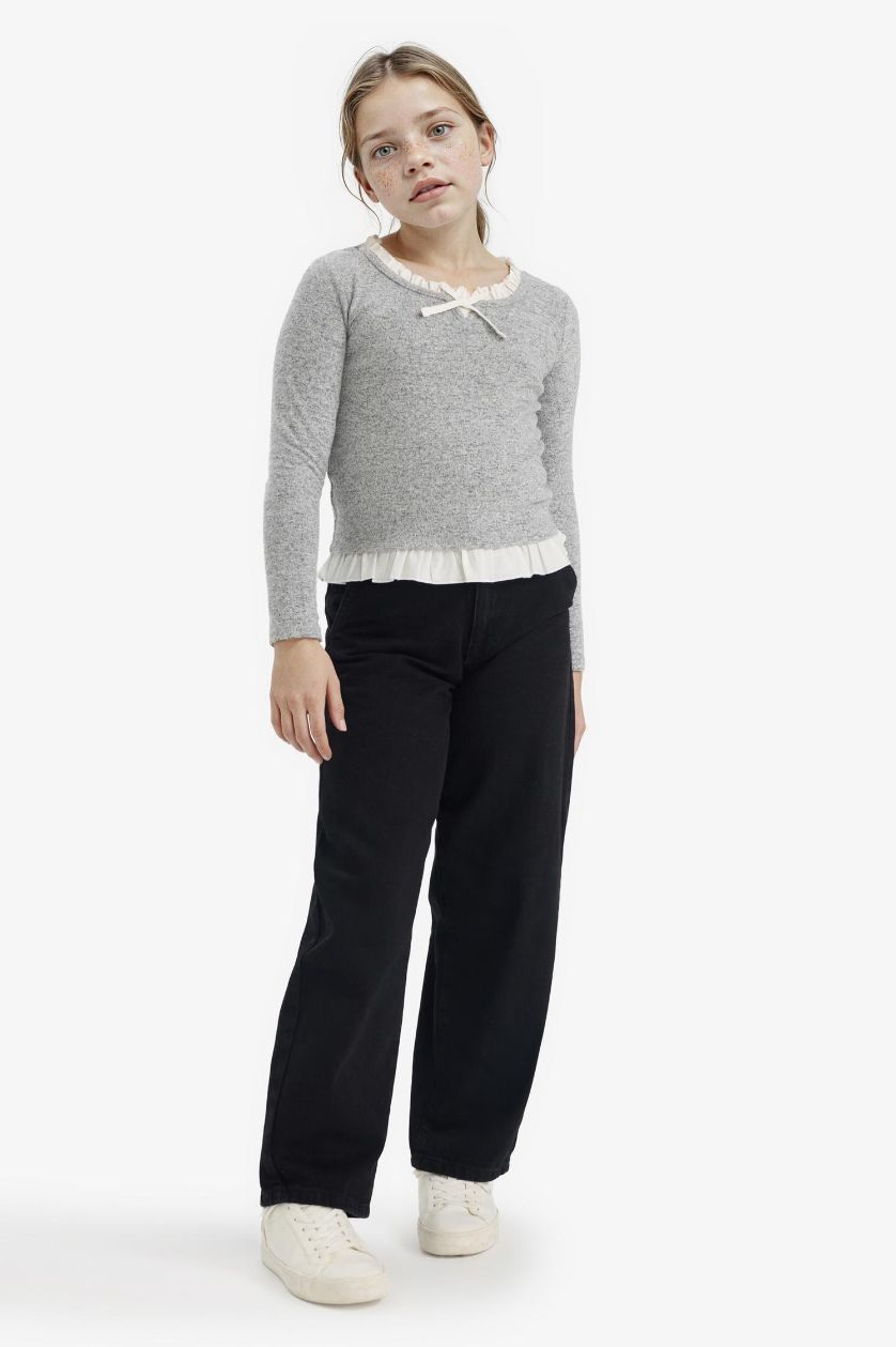 Kız Çocuk - Genç Kız Gri Melanj Relax Fit Uzun Kollu Tişört Kız Çocuk