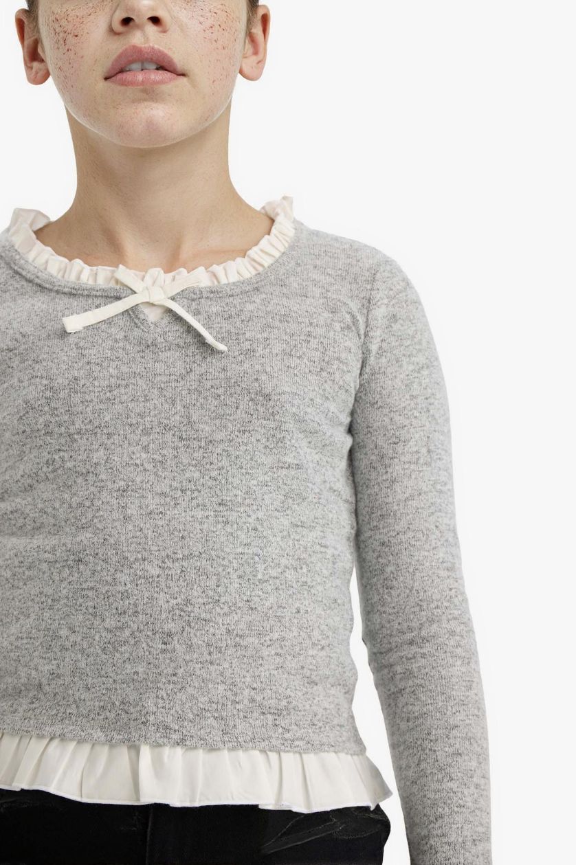 Kız Çocuk - Genç Kız Gri Melanj Relax Fit Uzun Kollu Tişört Kız Çocuk