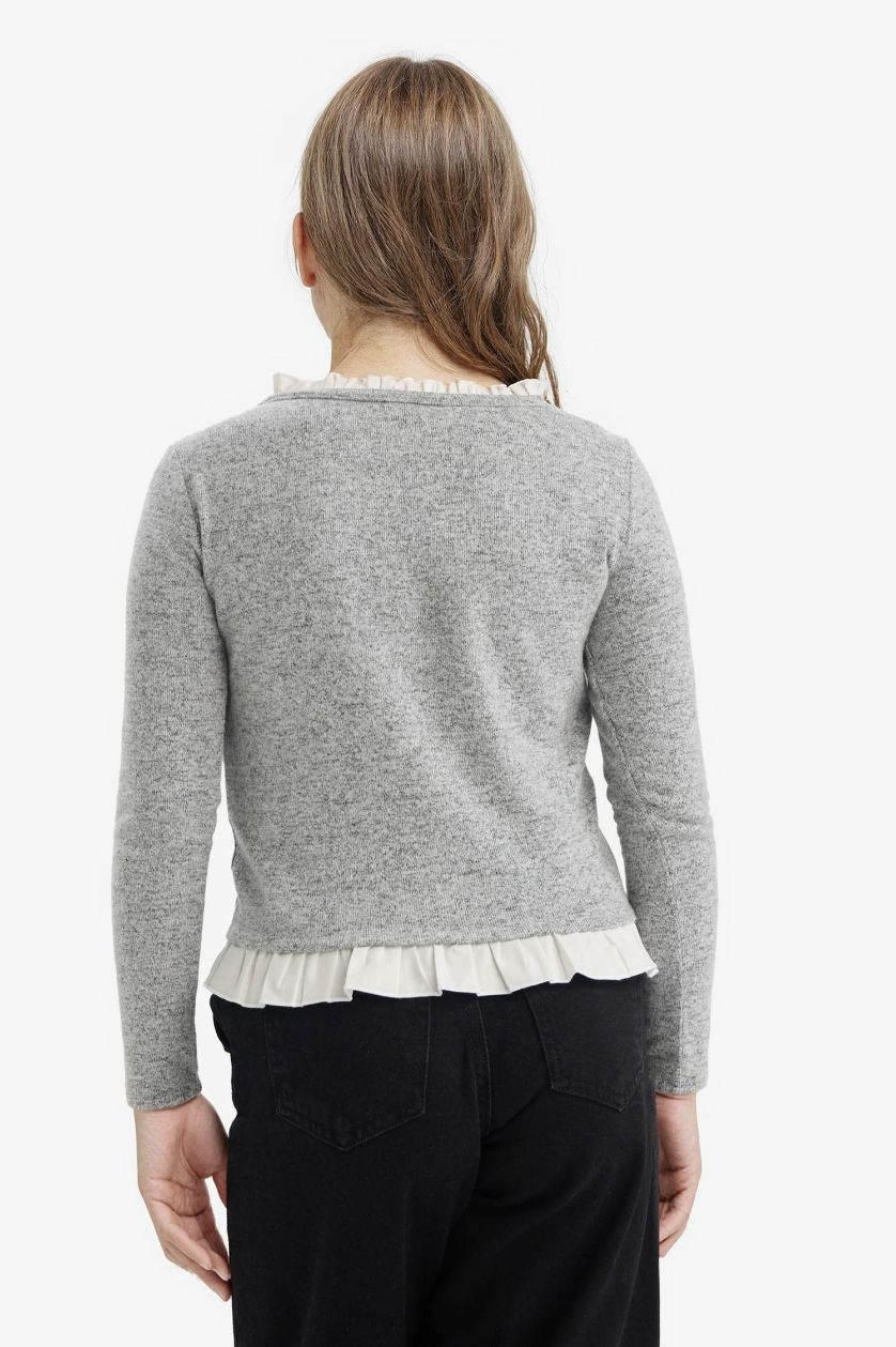 Kız Çocuk - Genç Kız Gri Melanj Relax Fit Uzun Kollu Tişört Kız Çocuk