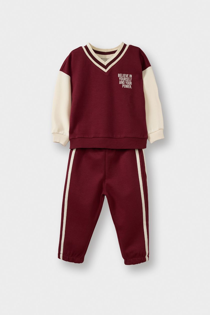 Erkek Bebek Bordo 2'li Takım Baskılı Sweatshirt Eşofman Altı Erkek Bebek