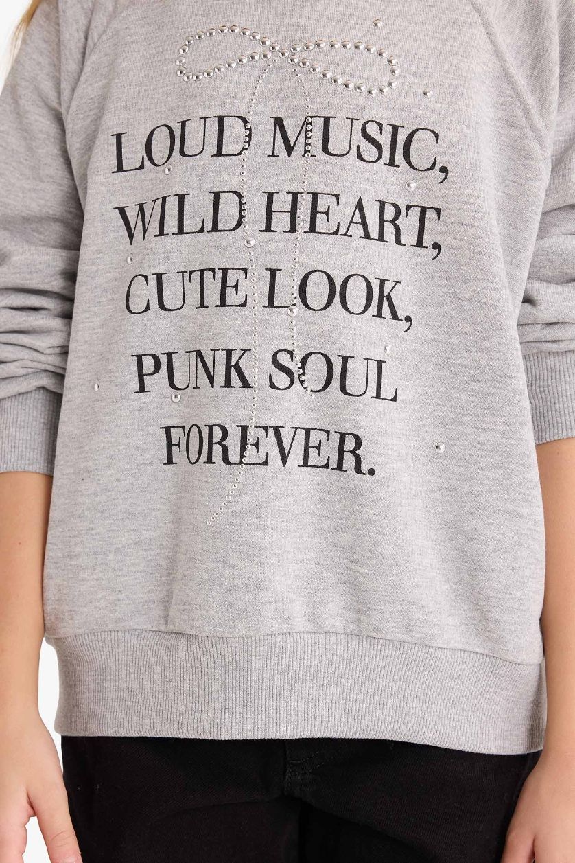 بنات ميلانج رمادي سويت شيرت بناتي قصة مريحة بياخة مستديرة