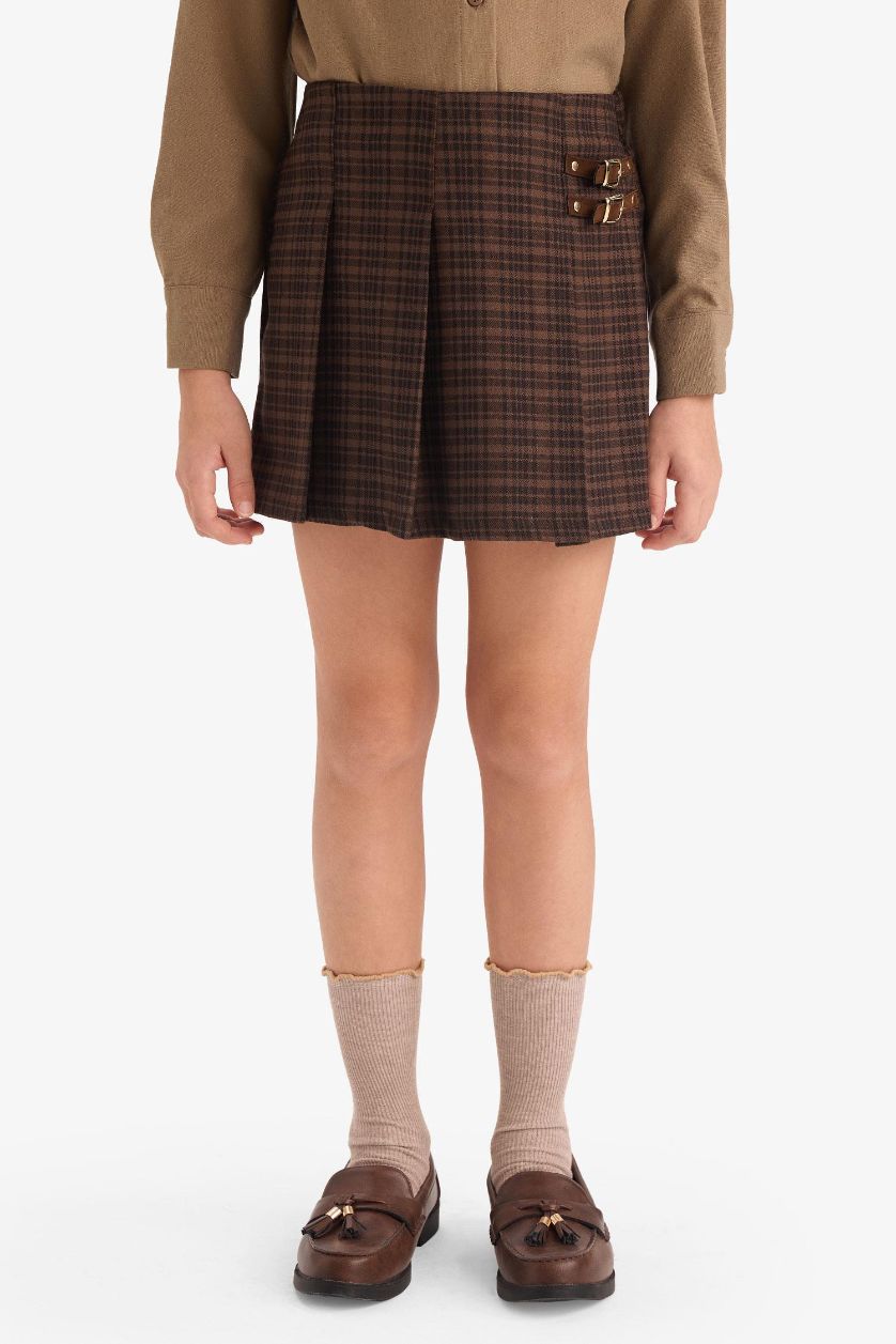 Kız Çocuk - Genç Kız Kahve Pileli Kareli Süet Şort Etek Kız Çocuk