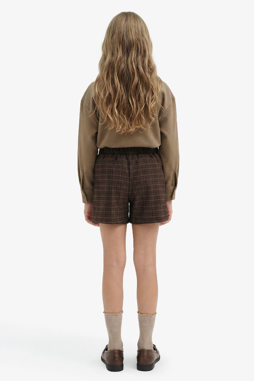 Kız Çocuk - Genç Kız Kahve Pileli Kareli Süet Şort Etek Kız Çocuk