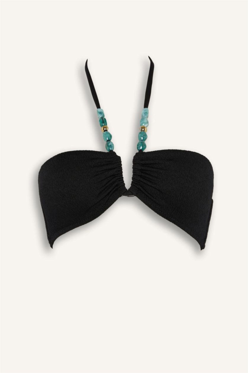 Woman Black Regular Fit Crinkle Fabric Bikini Top