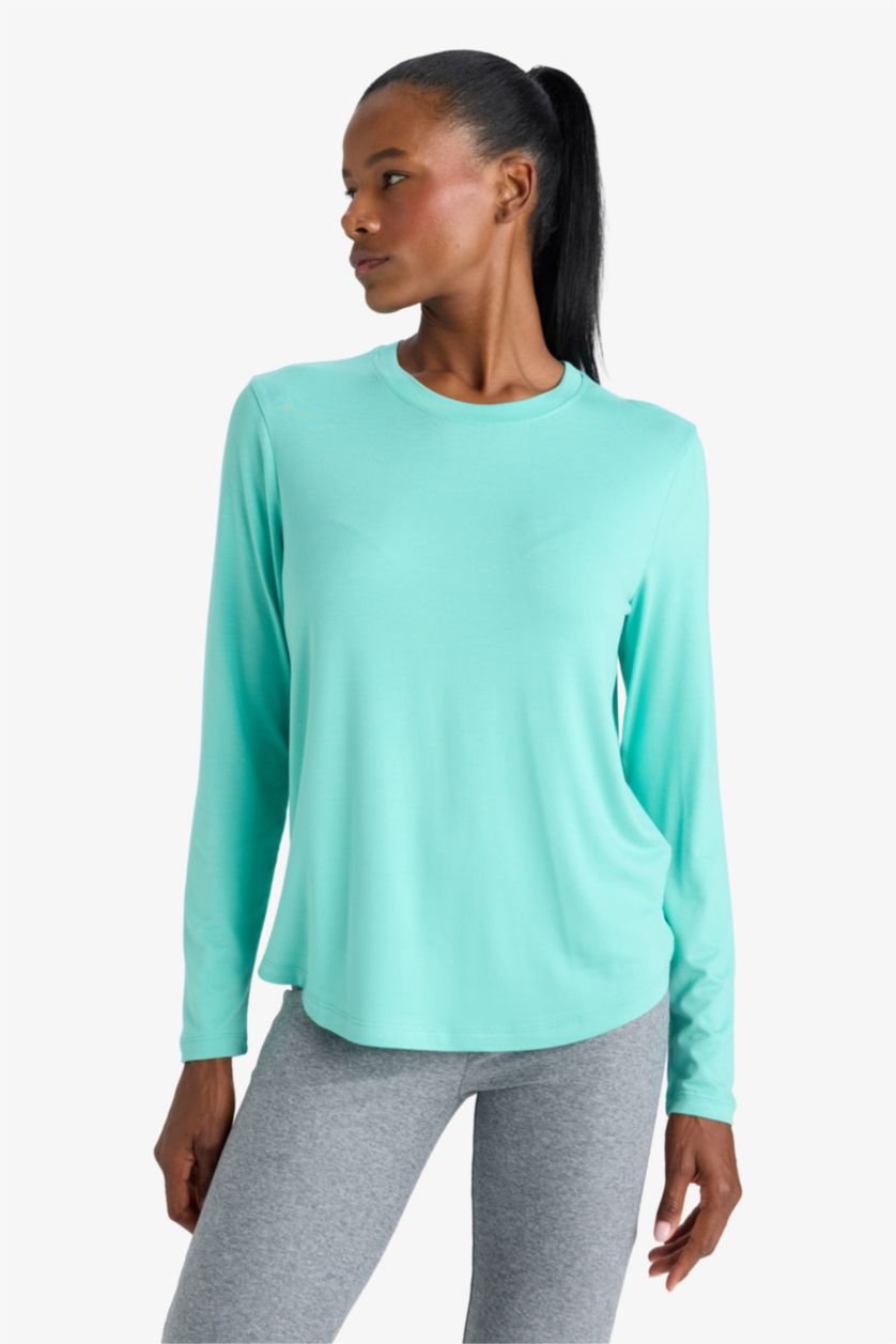 Kadın Açık Yeşil Standart Fıt Uzun Kollu Tişört