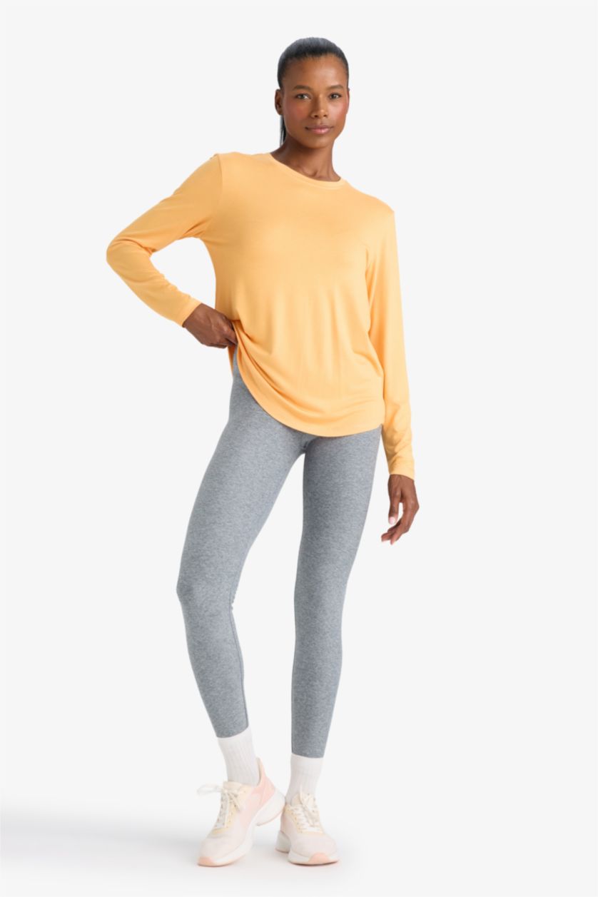 Kadın Açık Turuncu Standart Fit Bisiklet Yaka Sporcu Uzun Kollu Tişört