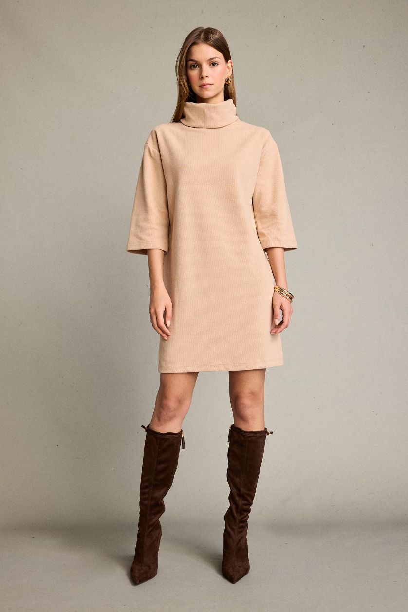 Kadın Bej Balıkçı Yaka Yarım Kollu Mini Elbise