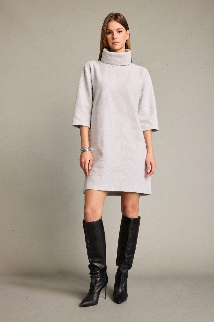 Kadın Açık Gri Balıkçı Yaka Yarım Kollu Mini Elbise