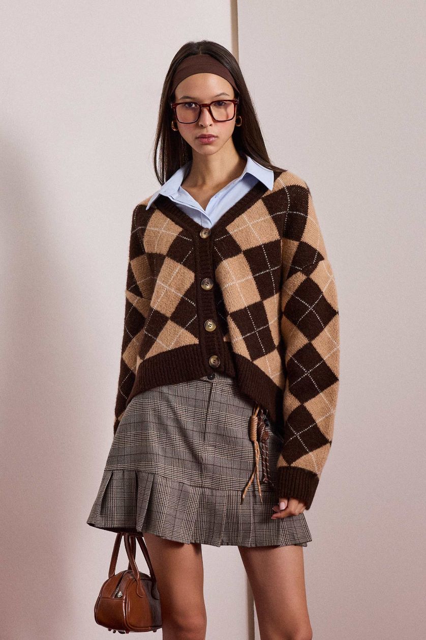 WOMAN Brown Regular Fit V-Neck Printed Cardigan