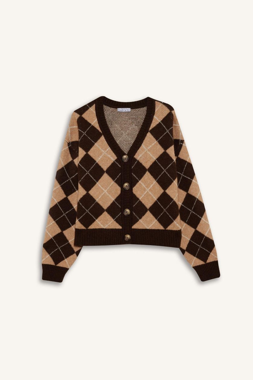 WOMAN Brown Regular Fit V-Neck Printed Cardigan