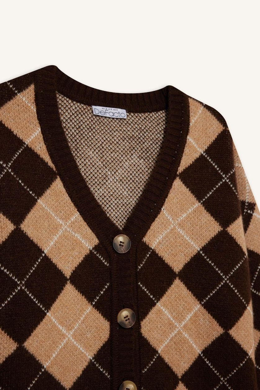 WOMAN Brown Regular Fit V-Neck Printed Cardigan