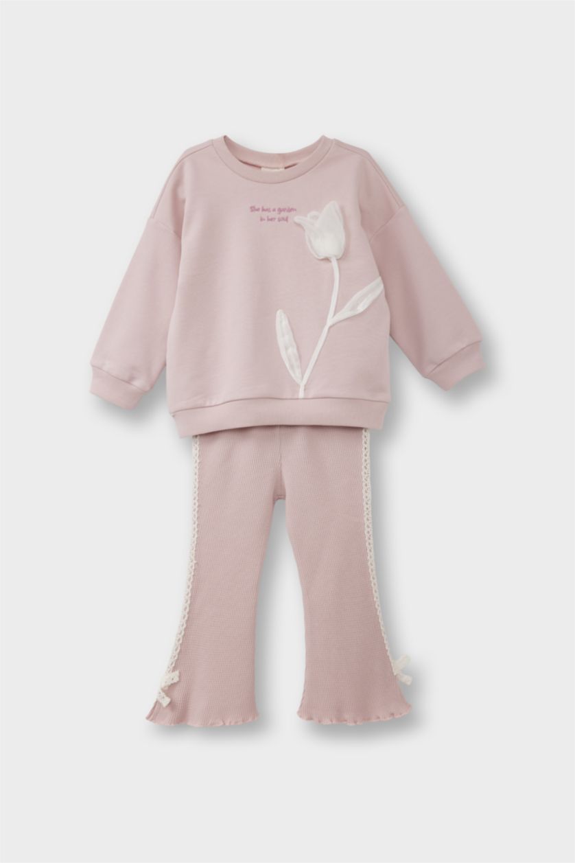Kız Bebek Pembe 2'li Takım Çiçekli Sweatshirt İspanyol Paça Alt Kız Bebek