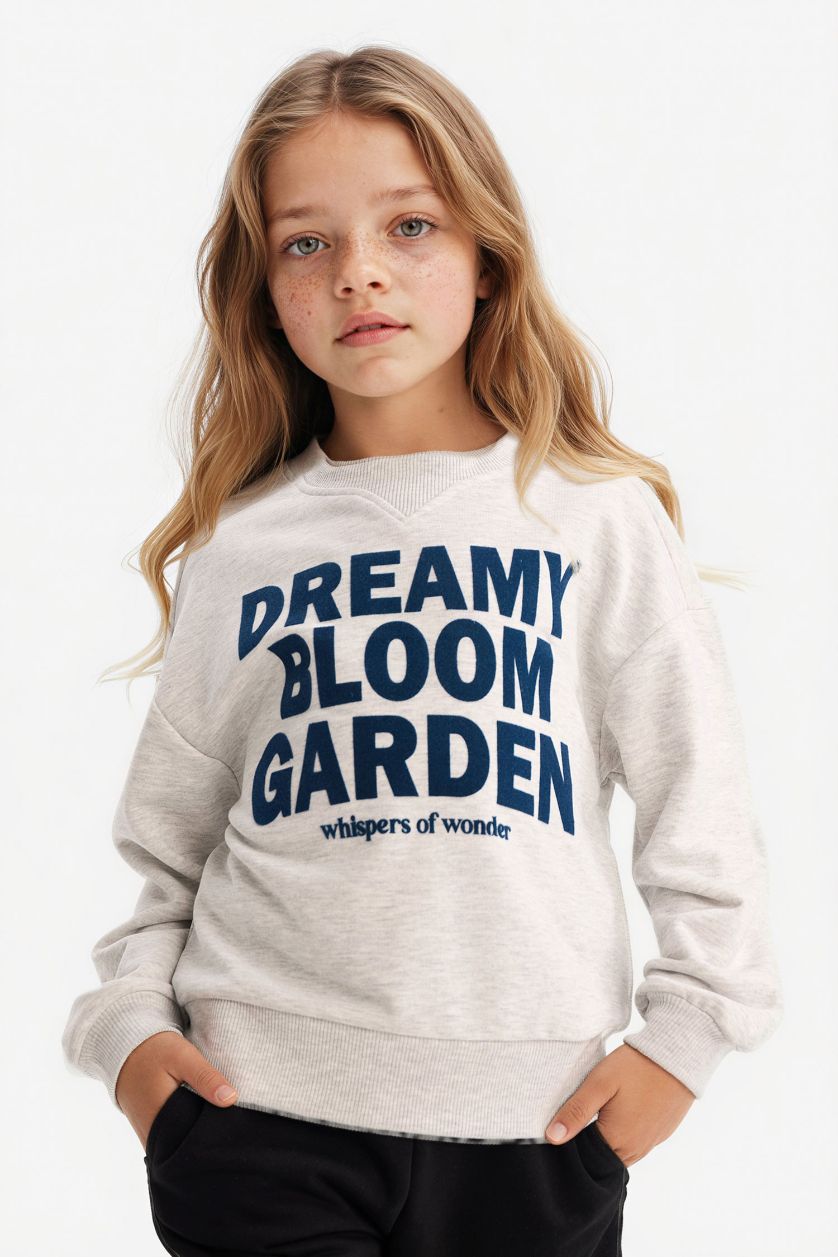 GIRLS & TEENS Grey Melange Relax Fit Crew Neck Sweatshirt