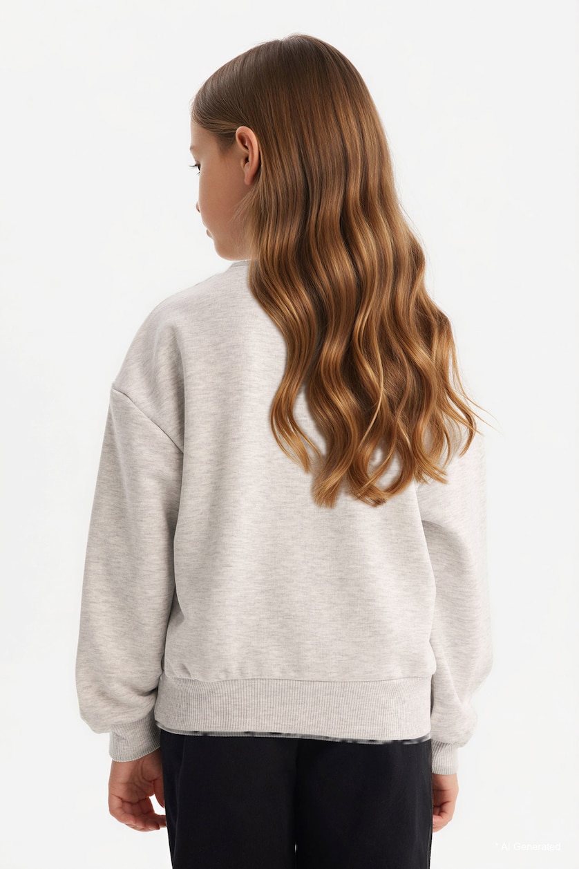 Girls & Teens Grey Melange سويت شيرت بناتي قصة مريحة مطبوع