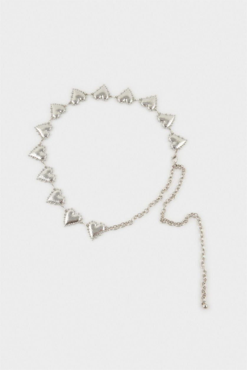 Woman Gümüş Woman Silver Heart Themed Metal Chain Belt