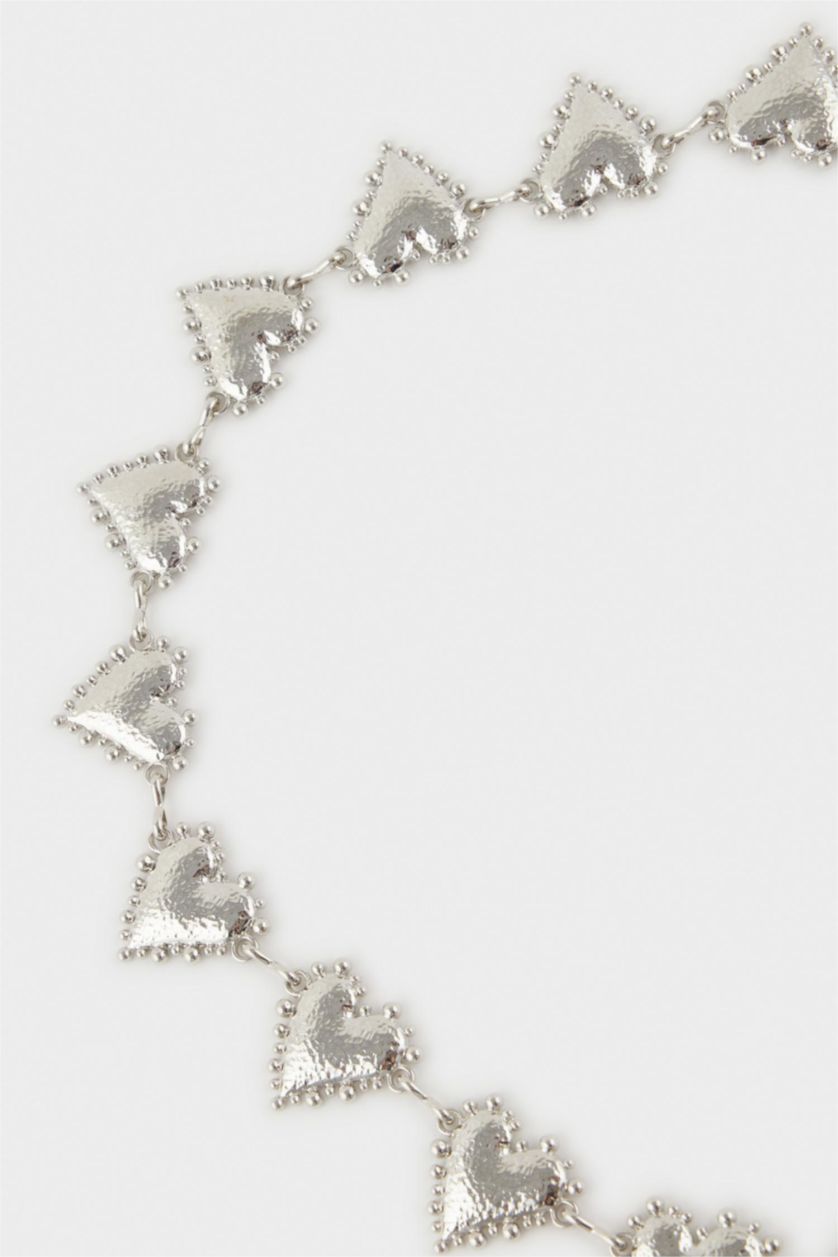 Woman Gümüş Woman Silver Heart Themed Metal Chain Belt
