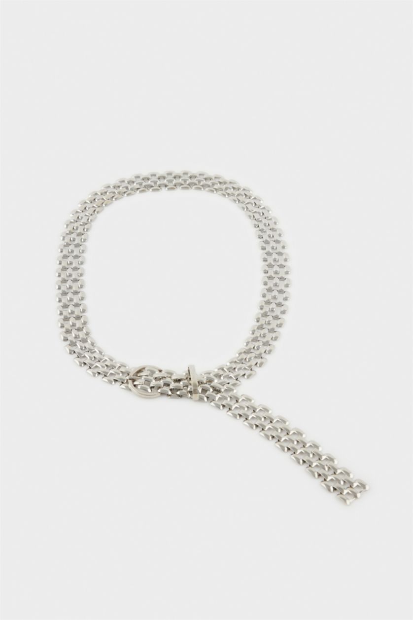 Kadın Gümüş Kadın Silver İki Sıralı Metal Zincir Kemer