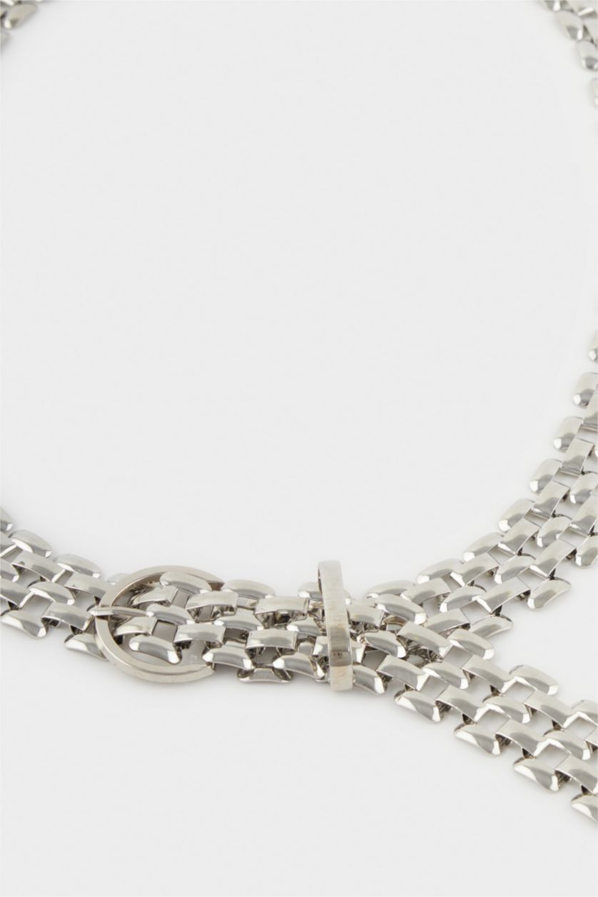 Kadın Gümüş Kadın Silver İki Sıralı Metal Zincir Kemer