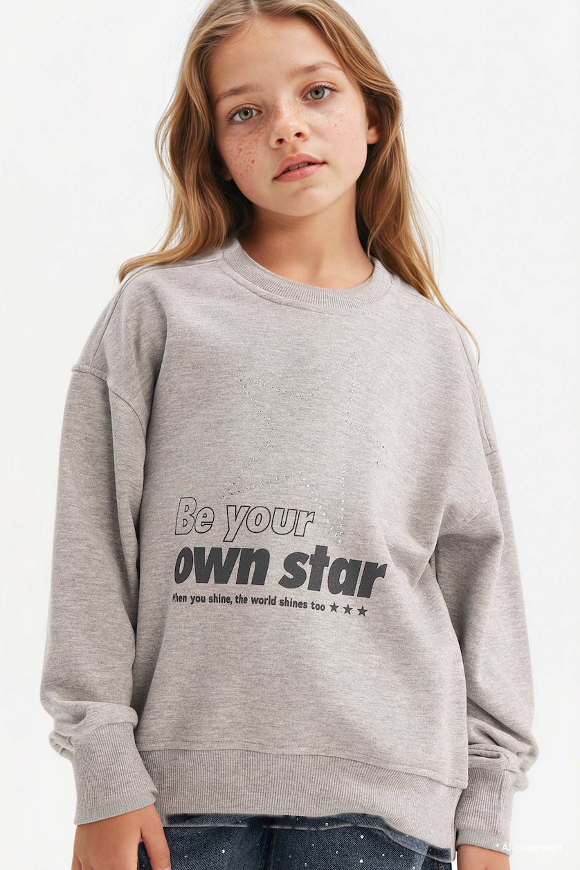 Girls & Teens Grey Melange Girl Relax Fit Crew Neck Printed Sweatshirt