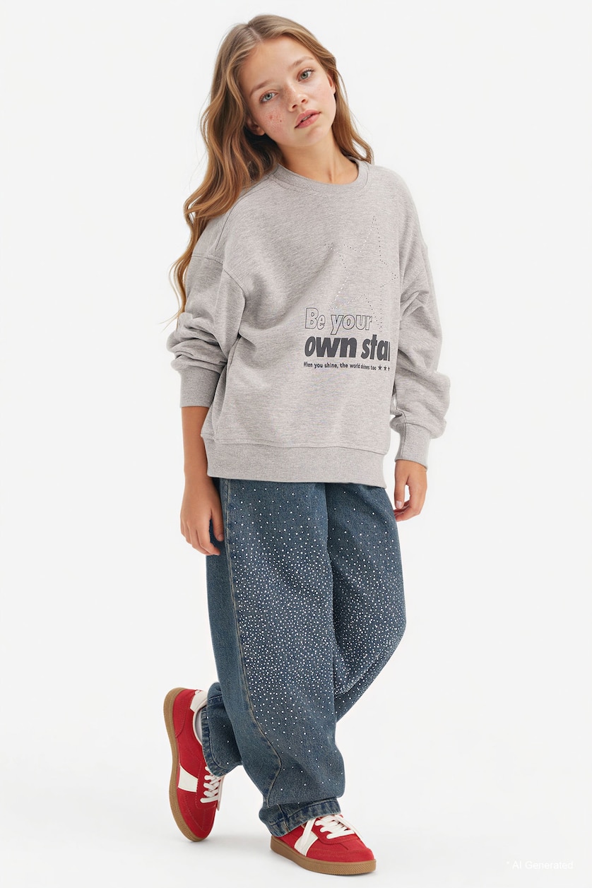 Girls & Teens Grey Melange Girl Relax Fit Crew Neck Printed Sweatshirt