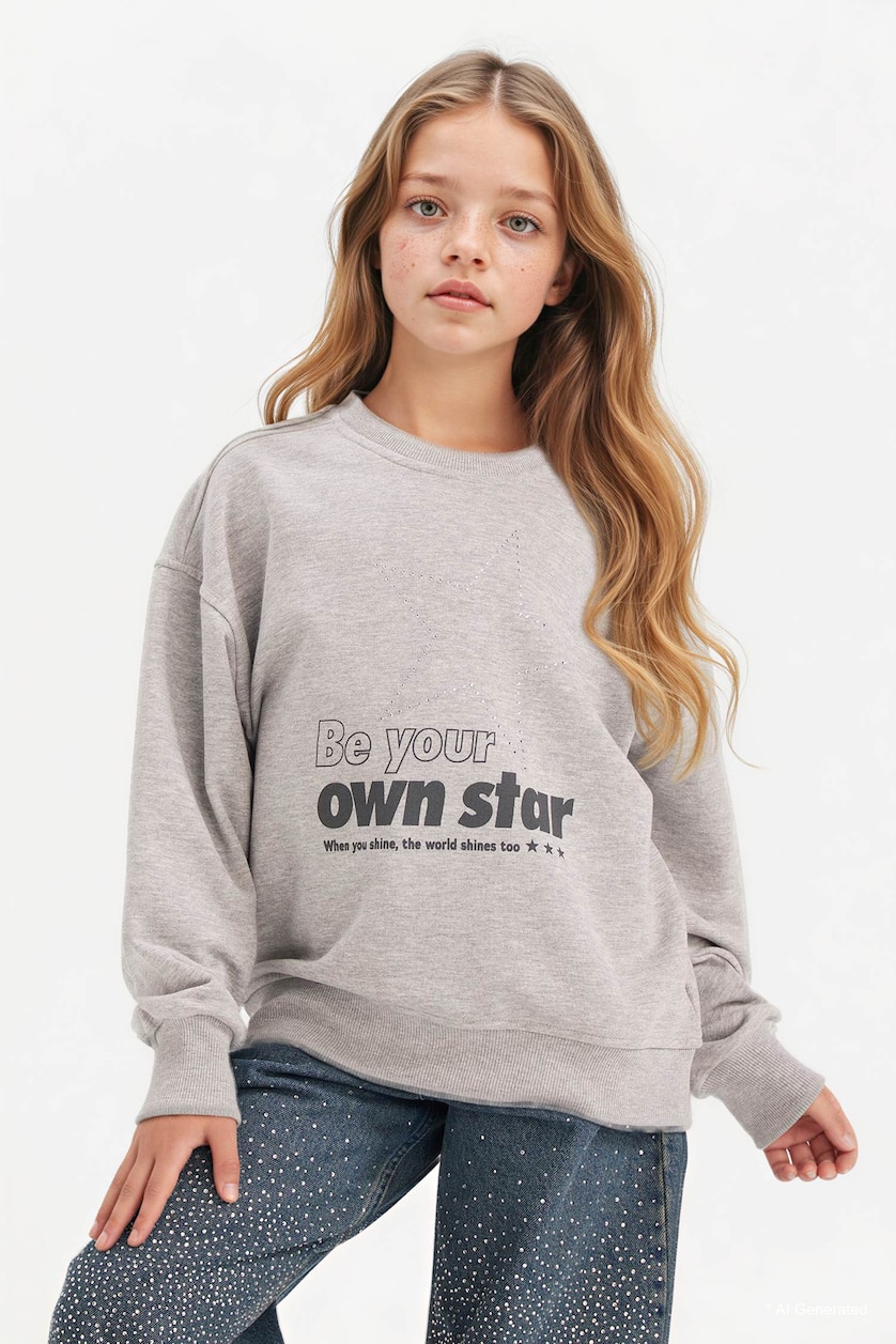Girls & Teens Grey Melange Girl Relax Fit Crew Neck Printed Sweatshirt