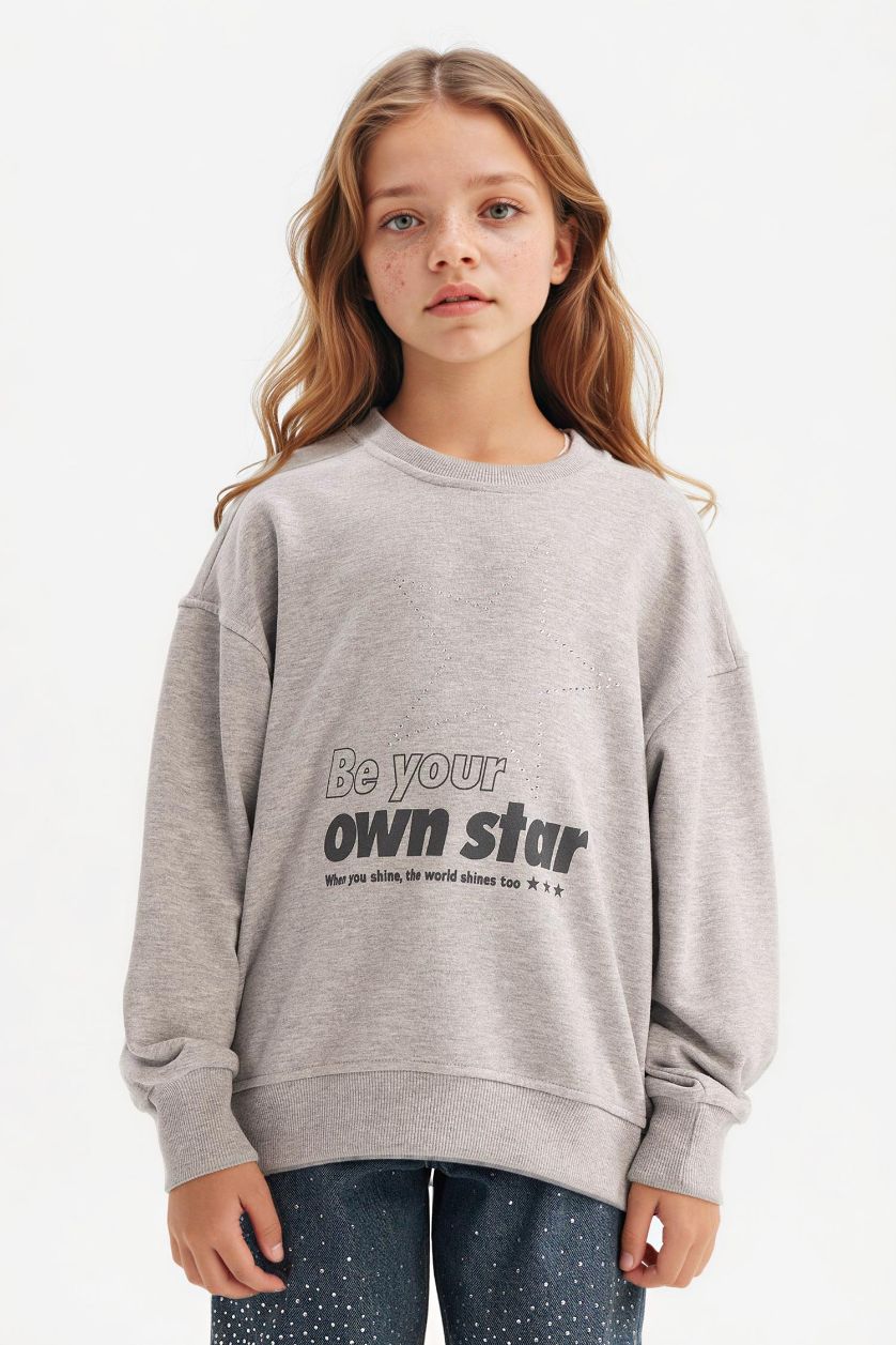 Kız Çocuk - Genç Kız Gri Melanj Relax Fit Bisiklet Yaka Baskılı Sweatshirt Kız Çocuk
