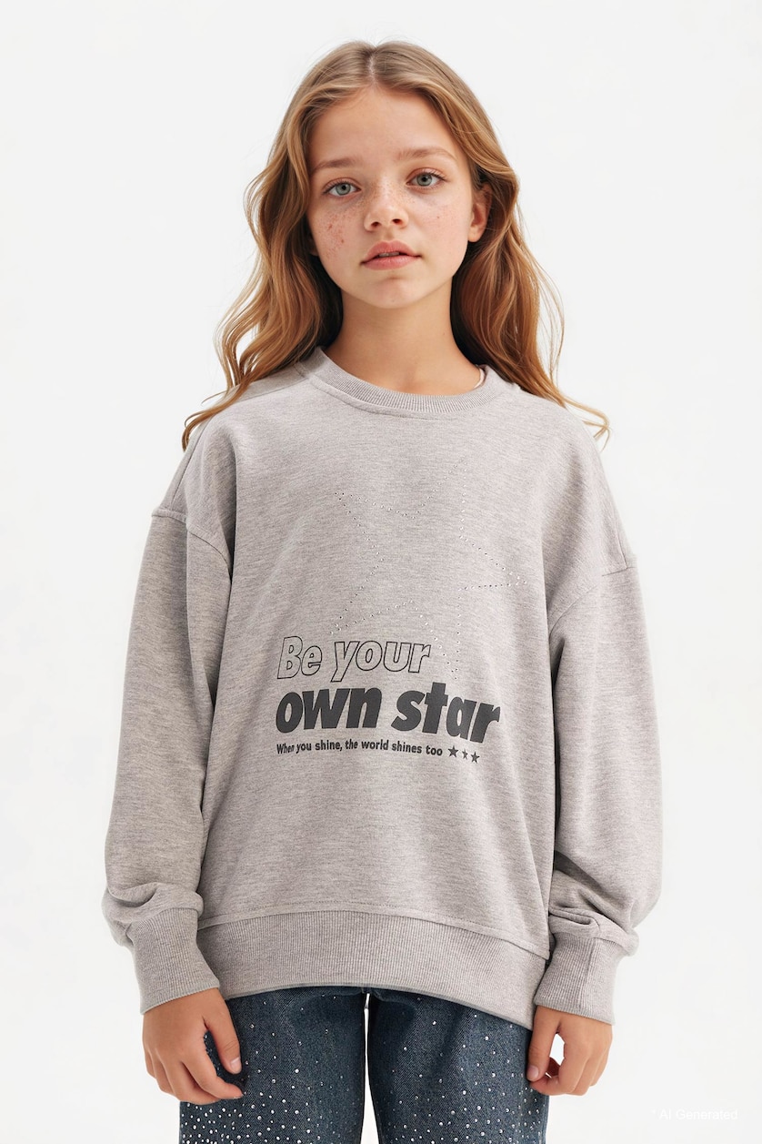 Girls & Teens Grey Melange Girl Relax Fit Crew Neck Printed Sweatshirt