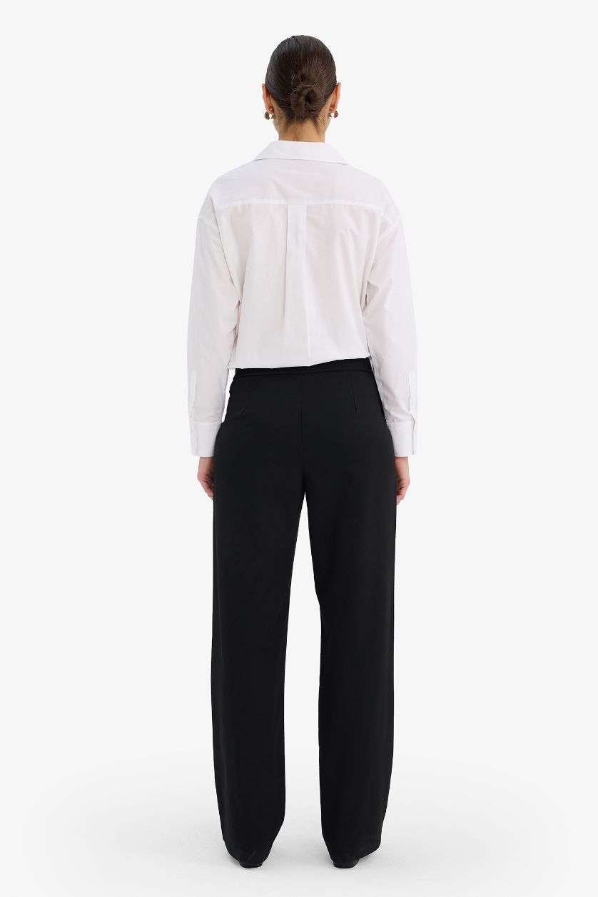 Kadın Siyah Wıde Leg Çift Cepli Yüksek Bel Geniş Paça Pantolon