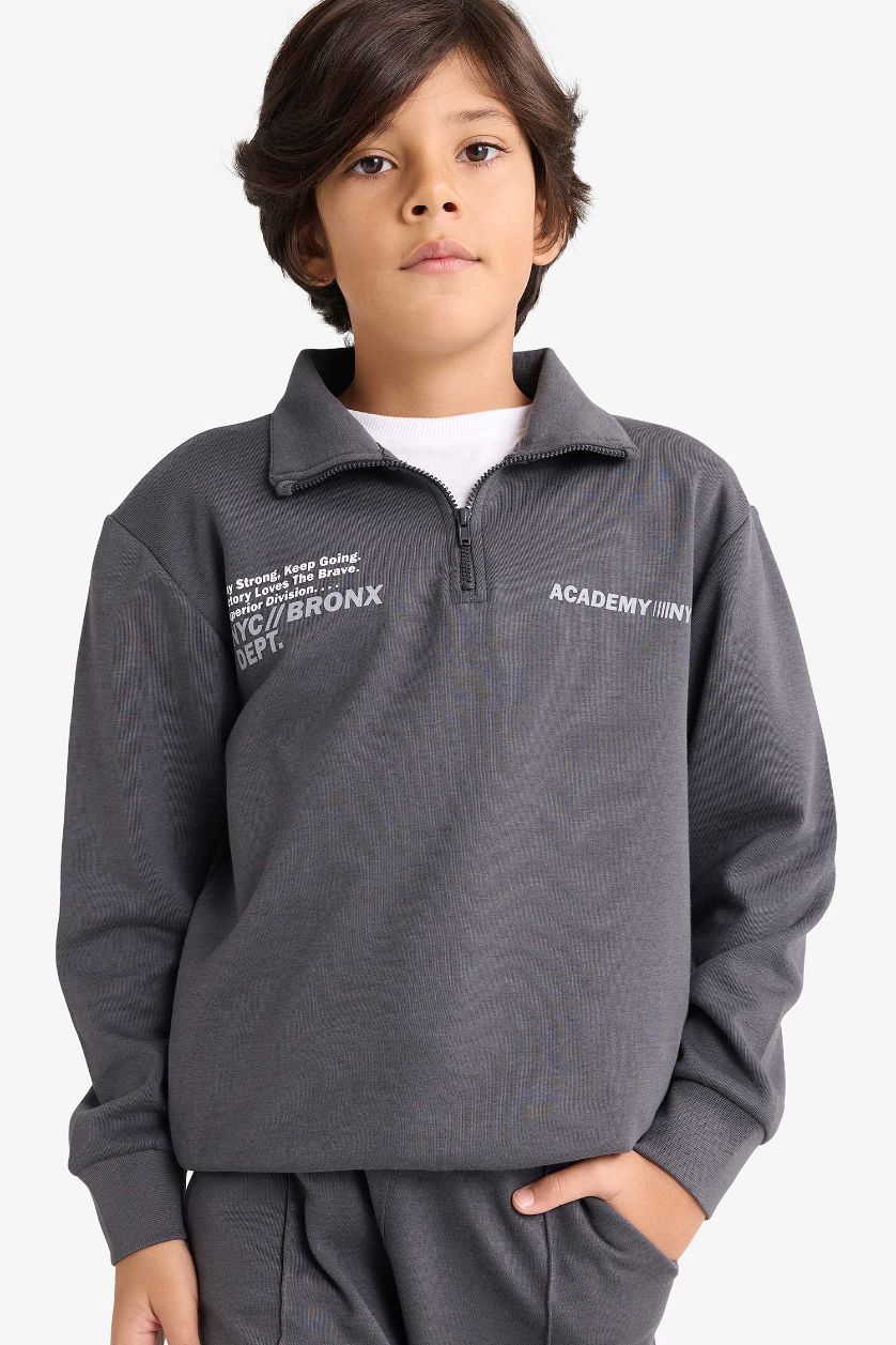 Erkek Çocuk - Genç Erkek Antrasit Erkek Çocuk 2'li Takım Baskılı Yarım Fermuarlı Sweatshirt Eşofman Altı 