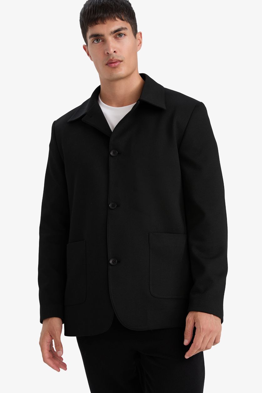 Man Black Regular Fit Polo Collar Blazer