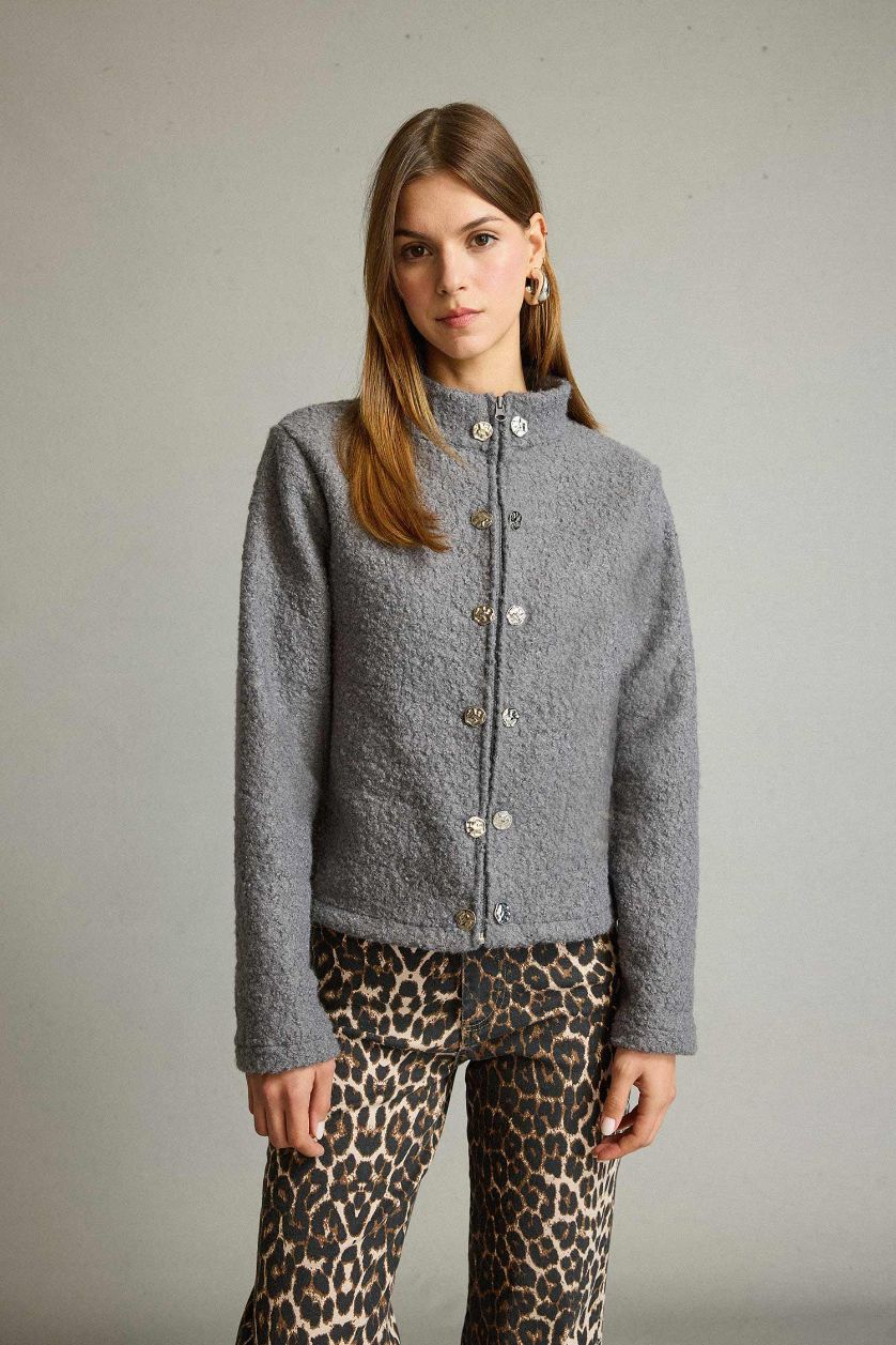 Kadın Gri Melanj Pelüş Düğme Detaylı Fermuarlı Hırka