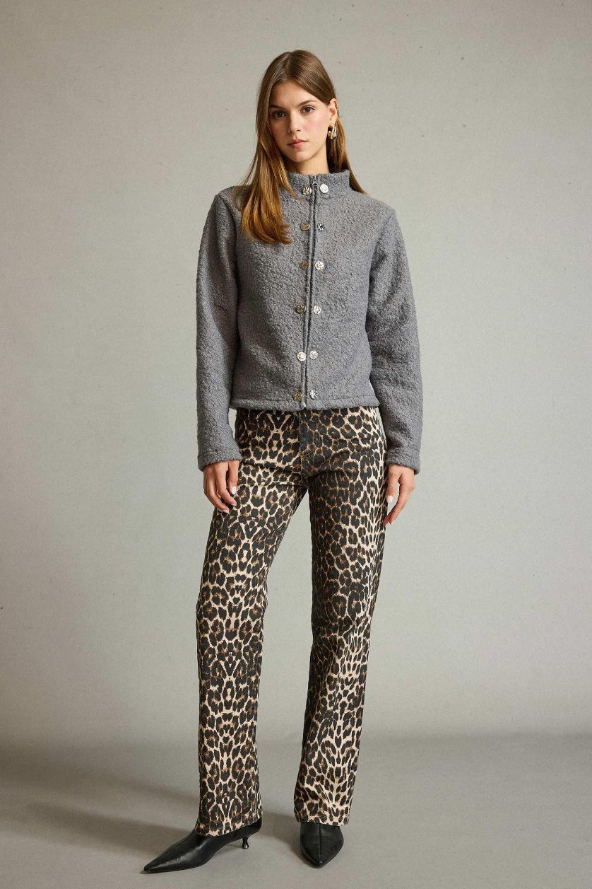 Kadın Gri Melanj Pelüş Düğme Detaylı Fermuarlı Hırka