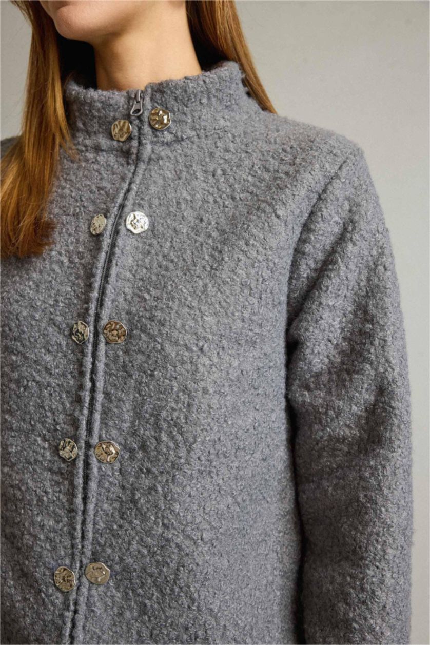 Kadın Gri Melanj Pelüş Düğme Detaylı Fermuarlı Hırka