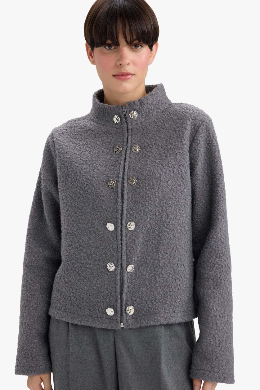 Kadın Gri Melanj Pelüş Düğme Detaylı Fermuarlı Hırka